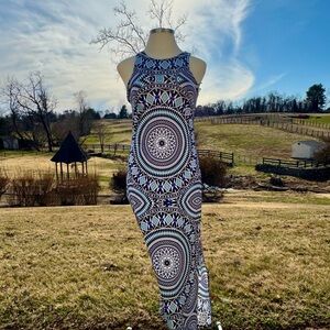 INC International Concepts Blue, Black and White Sleeveless Halter Maxi Dress